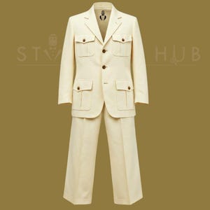 Men&#39;s Cream Linen Safari 2 Piece Suit 4 Pocket Safari Jacket For Men Summer Vacation, Trip 2 Piece Suit for Men