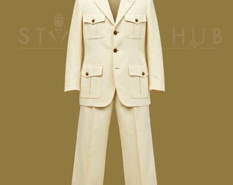 Herren Creme Leinen Safari Anzug: 4-Pocket-Jacke, Doppel plissierte Hose