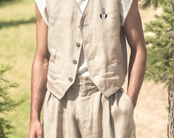 Beige Oversized Linen Summer Vest pant set For Men