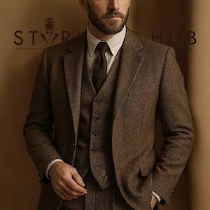 Herren Retro Braun Wolle 3-Teiler Anzug Herrenanzug Winteranzug Business Anzug formelle Wollanzug für Männer.