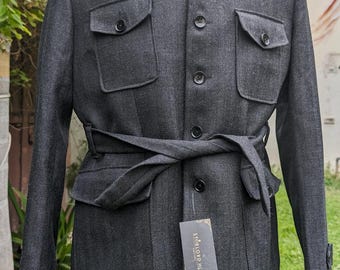 Men's Wool Charcoal Grey Herringbone Safari Jacket