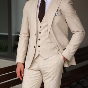 Men's Cream 3 Piece Suit Pin Stripe Suit Business Wear Office Wear Formal Event Two Button Peak lapel Suit For Men. image 1