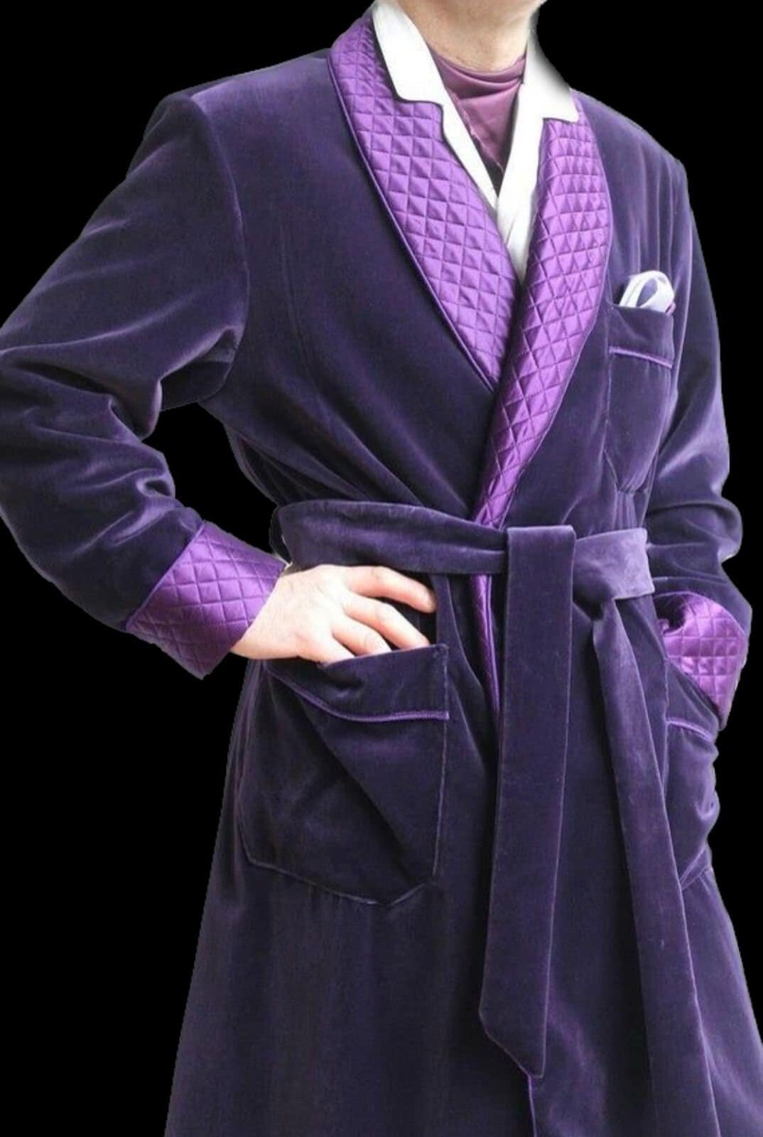 Men's Smoking Robe Purple Velvet Gown Luxury Vintage Gentleman's