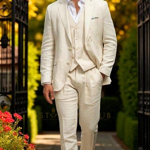 Men&#39;s Premium Cream Linen 3 Piece Suit Pure Linen Suit Wedding, Beach, Dinner Party, Classic Suit For Men.