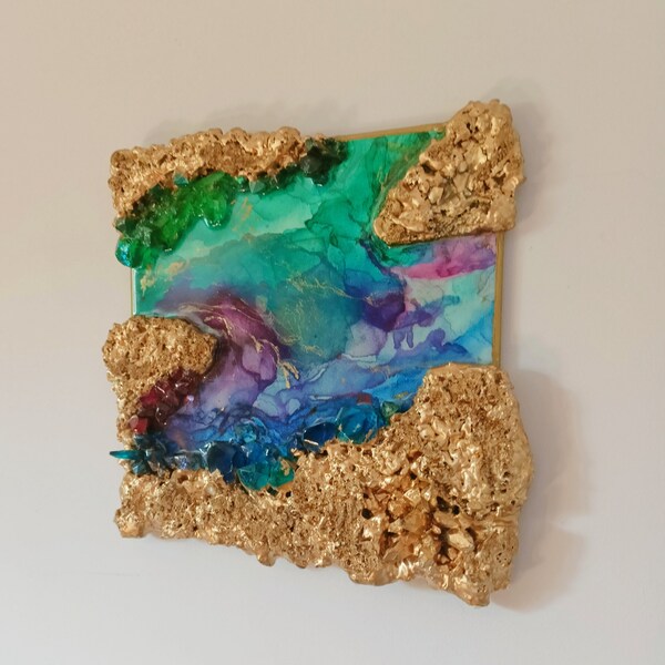 Obraz z pianki, żywicy i tuszu alkoholowego    SOLD! Geode resin wall art golden elements/ 3D painting/ Foam geode art/ Rainbow/ alcoholink