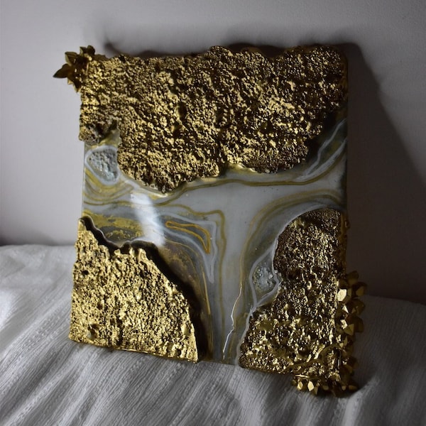 Obraz geoda z żywicy epoksydowej/Geode resin wall art gold/ 3D painting/ Foam geode art