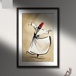 Può includere: Un dipinto incorniciato di una persona con una tunica bianca e un cappello rosso, che esegue una danza vorticosa. Lo sfondo è di colore marrone chiaro.