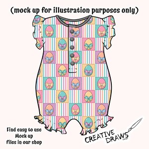 May include: A mock-up of a baby onesie with a pastel striped and checkered pattern featuring Easter eggs with bows. The onesie has a ruffled neckline and short sleeves.