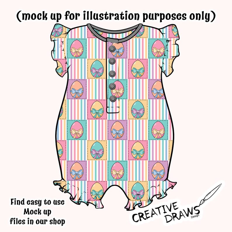 May include: A mock-up of a baby onesie with a pastel striped and checkered pattern featuring Easter eggs with bows. The onesie has a ruffled neckline and short sleeves.