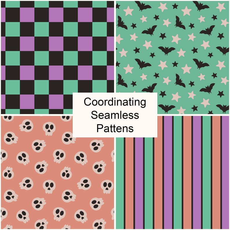 Puede incluir: Cuatro patrones sin costuras coordinados. Uno presenta un dise&ntilde;o de tablero de ajedrez en negro, morado y verde azulado. Otro tiene murci&eacute;lagos y estrellas sobre un fondo verde azulado. Un tercero tiene calaveras sobre un fondo melocot&oacute;n. El &uacute;ltimo tiene rayas verticales.