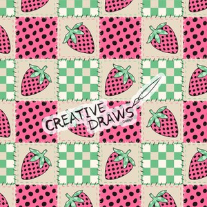 May include: A seamless pattern featuring pink strawberries with black polka dots on a patchwork background. The background includes checkered, polka dot, and solid pink squares. The text "CREATIVE DRAWS Design" is visible in the center of the image.