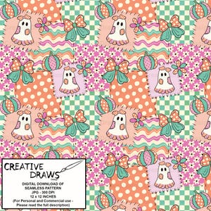 Op de afbeelding: Een naadloos digitaal patroon met een herhalend patchworkontwerp van witte spoken, oranje pompoenen, groenblauwe strikken en roze bloemen op ruitjes- en stippenachtergronden. Een tekstvak bevat CREATIVE DRAWS DESIGN DIGITAL DOWNLOAD OF SEAMLESS PATTERN JPG 300 DPI 12 x 12 INCHES.