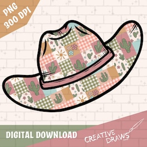 May include: A pink and green patchwork cowboy hat with a cactus and floral pattern. The hat is outlined in black and has a pink band.