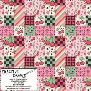 Retro Kirsche Patchwork Nahtlose Muster Pack, Groovy Wiederholung Digitales Papier Bild 7