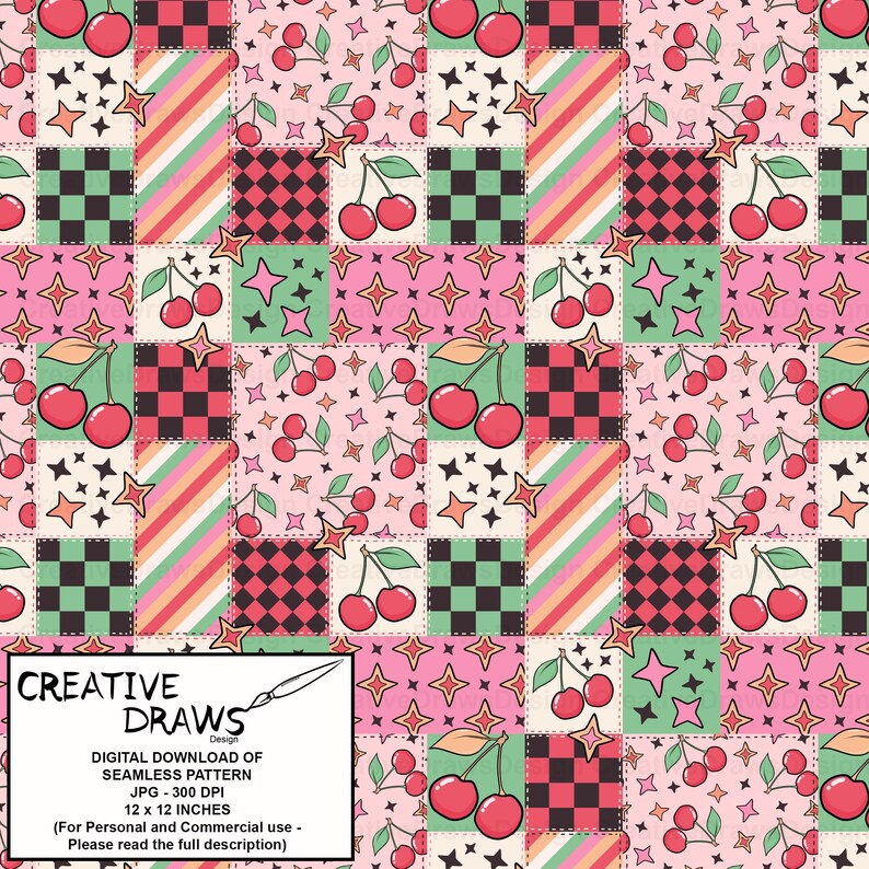 Retro Kirsche Patchwork Nahtlose Muster Pack, Groovy Wiederholung Digitales Papier Bild 7