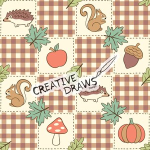 May include: A repeating pattern featuring hedgehogs, squirrels, red apples, acorns, mushrooms, and pumpkins on a cream background with brown gingham squares. The text CREATIVE DRAWS Design is overlaid in the centre with a paintbrush graphic.