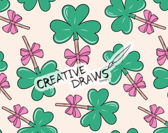 May include: A seamless pattern featuring green four-leaf clovers with pink bows on sticks. The text "CREATIVE DRAWS Design" is superimposed on the pattern.