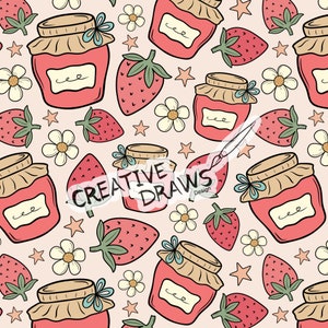 May include: A seamless pattern featuring jars of jam, strawberries, and flowers. The jars are pink with brown lids and labels that say "ee". The strawberries are red with green leaves. The flowers are white with yellow centers. The background is a light pink.
