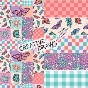 May include: A patchwork design featuring butterflies, flowers, and checkered patterns in pastel colors. The design includes the text "CREATIVE DRAWS Design" in a banner across the center. The overall theme is whimsical and floral.