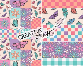 Butterfly Patchwork Seamless Pattern Pack, Floral Digital Repeat Paper