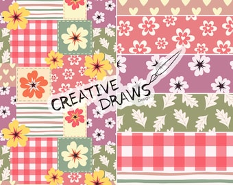 Summer Floral Patchwork Seamless Pattern Pack, Gingham Digital Repeat Paper
