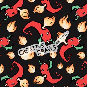 May include: A seamless pattern featuring red and green cartoon devils with horns and wings, breathing fire. The background is black. The text "CREATIVE DRAWS Design" is included in the pattern.