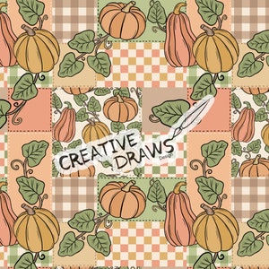 May include: A seamless pattern featuring a patchwork design with orange pumpkins and green vines on a background of brown, beige, and green plaid.