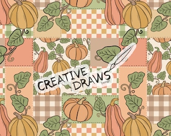 Fall Pumpkin Patchwork Seamless Pattern, Seamless File Digital Download