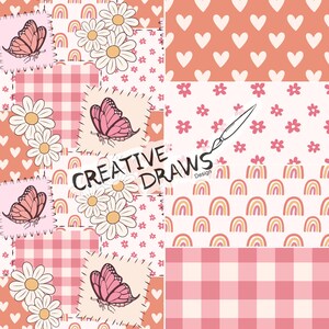 May include: A patchwork design featuring butterflies, daisies, rainbows, hearts, and gingham patterns in shades of pink, peach, and white. The text "CREATIVE DRAWS Design" is also present.