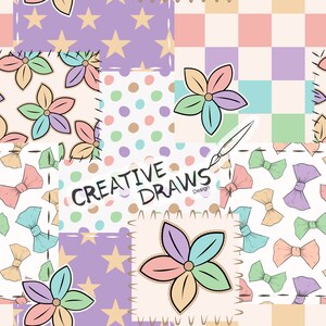 Könnte beinhalten: Ein Patchworkmuster mit verschiedenen Designs, darunter Sterne, Punkte, Blumen und Schleifen. Der Text "CREATIVE DRAWS Design" befindet sich in der Mitte des Bildes.