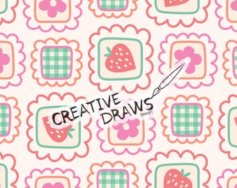 Strawberry Frame Seamless Pattern, Floral Stamp Digital Repeat Paper