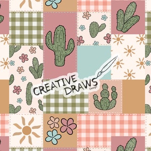 Modello senza cuciture patchwork di cactus, modello di carta digitale con ripetizione occidentale per uso personale e commerciale