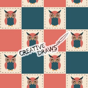 Könnte beinhalten: Ein sich wiederholendes Muster mit Cartoon-Eulen in einem Schachbrettmuster. Die Eulen haben eine rote und blaue Farbgebung mit einem beigefarbenen Hintergrund. Der Text "CREATIVE DRAWS Design" ist auf dem Bild überlagert.