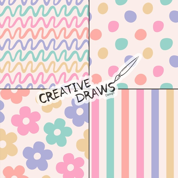 Fun Pastel Seamless Pattern Set, Flower Digital Download