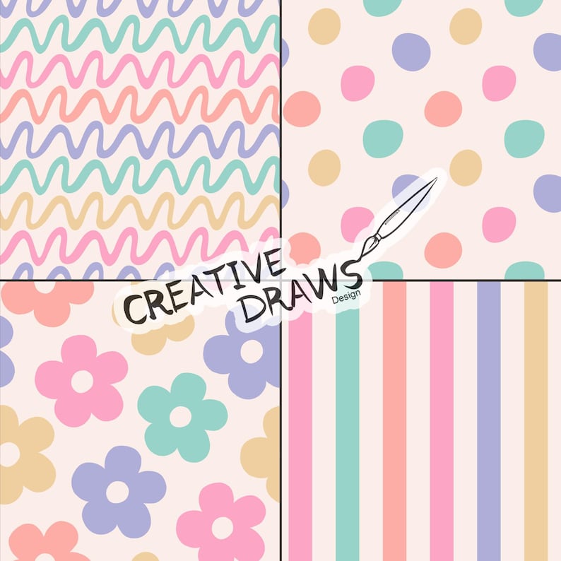 Pu&ograve; includere: Quattro diversi motivi senza cuciture in colori pastello. Il motivo in alto a sinistra presenta linee ondulate in rosa, blu, verde e giallo. Il motivo in alto a destra presenta cerchi in rosa, blu, verde e giallo. Il motivo in basso a sinistra presenta fiori in rosa, blu, verde e giallo. Il motivo in basso a destra presenta strisce verticali in rosa, blu, verde e giallo. Il testo "CREATIVE DRAWS Design" &egrave; al centro dell'immagine.