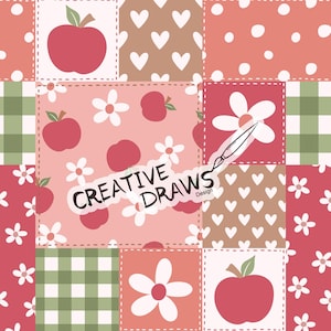 May include: A patchwork design featuring squares with apples, flowers, hearts, and gingham patterns in shades of red, pink, green, and brown. The text "CREATIVE DRAWS Design" is overlaid on the design.