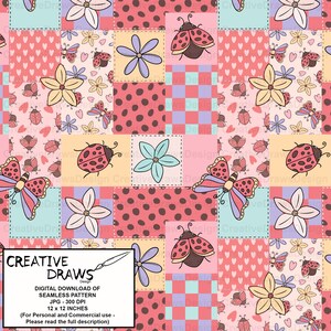 May include: A seamless digital pattern featuring a patchwork quilt design with various colours and patterns. The pattern includes ladybirds, butterflies, flowers, hearts, polka dots, and chequered patterns. The pattern is 12 inches by 12 inches and is 300 DPI.