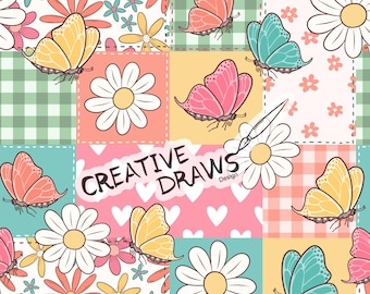 Spring Butterfly Patchwork Seamless Pattern, Digital Repeat Pattern for Personal and Commercial use