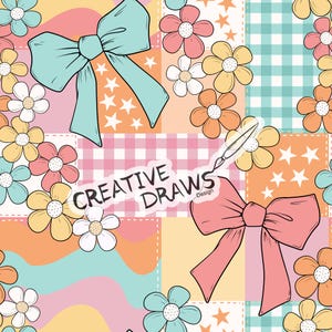 Retro Bow Patchwork Seamless Pattern, Floral Coquette Seamless File Digital Download