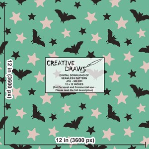 Puede incluir: Dise&ntilde;o de patr&oacute;n digital sin costuras con murci&eacute;lagos y estrellas negras sobre un fondo verde azulado. El dise&ntilde;o incluye una mezcla de estrellas rosas oscuras y claras. La imagen incluye el texto "CREATIVE DRAWS Design" y "12 x 12 INCHES" (30,48 x 30,48 cm).