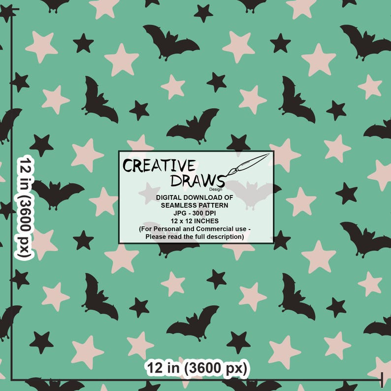 Puede incluir: Dise&ntilde;o de patr&oacute;n digital sin costuras con murci&eacute;lagos y estrellas negras sobre un fondo verde azulado. El dise&ntilde;o incluye una mezcla de estrellas rosas oscuras y claras. La imagen incluye el texto "CREATIVE DRAWS Design" y "12 x 12 INCHES" (30,48 x 30,48 cm).