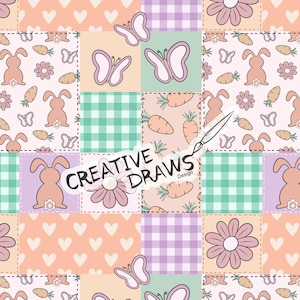 Op de afbeelding: Een naadloos patroon met een patchwork-ontwerp in verschillende pastelkleuren en schattige illustraties van konijnen, vlinders, wortels en bloemen. De tekst "CREATIVE DRAWS Design" is zichtbaar in het midden van de afbeelding.
