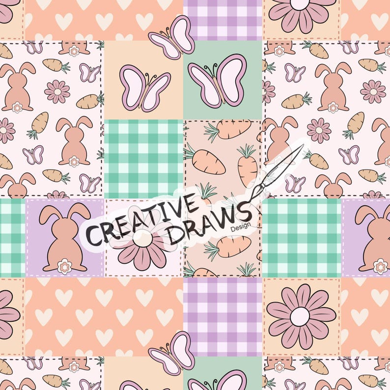 Op de afbeelding: Een naadloos patroon met een patchwork-ontwerp in verschillende pastelkleuren en schattige illustraties van konijnen, vlinders, wortels en bloemen. De tekst "CREATIVE DRAWS Design" is zichtbaar in het midden van de afbeelding.