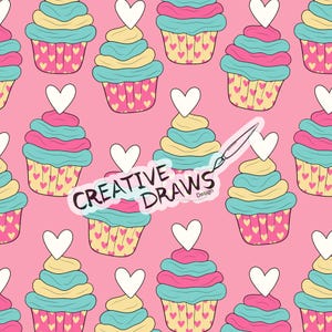 Cupcake Heart Seamless Pattern, Seamless File Digital Download