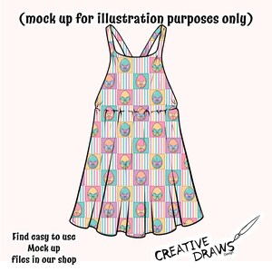 May include: A sleeveless dress with a criss-cross strap design. The dress has a pink, yellow, blue, and green checkered pattern with a pastel egg design. The dress has a gathered skirt.