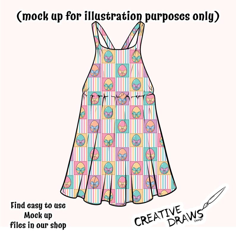May include: A sleeveless dress with a criss-cross strap design. The dress has a pink, yellow, blue, and green checkered pattern with a pastel egg design. The dress has a gathered skirt.