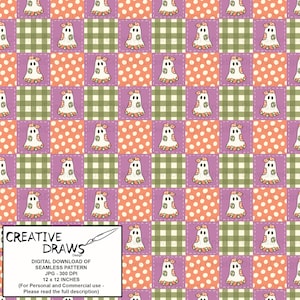 Pu&ograve; includere: Un motivo digitale senza cuciture con una griglia ripetitiva di fantasmi bianchi con fiocchi arancioni e toppe verdi, che alterna quadrati viola e quadrati arancioni con pois bianchi. Il testo recita: CREATIVE DRAWS DESIGN DIGITAL DOWNLOAD OF SEAMLESS PATTERN JPG - 300 DPI 12 x 12 INCHES.