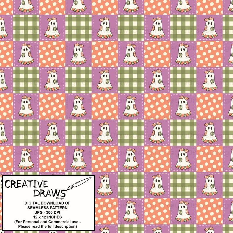 Pu&ograve; includere: Un motivo digitale senza cuciture con una griglia ripetitiva di fantasmi bianchi con fiocchi arancioni e toppe verdi, che alterna quadrati viola e quadrati arancioni con pois bianchi. Il testo recita: CREATIVE DRAWS DESIGN DIGITAL DOWNLOAD OF SEAMLESS PATTERN JPG - 300 DPI 12 x 12 INCHES.