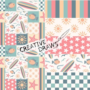 May include: A collection of colorful, patterned designs featuring beach-themed elements. The patterns include fish, surfboards, starfish, suns, and checkerboard squares in pastel colors. The text "CREATIVE DRAWS Design" is also present.