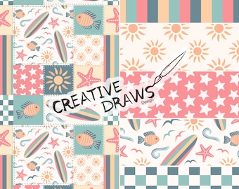 Summer Surf Patchwork Seamless Pattern Pack, Beach Repeat Digital Paper
